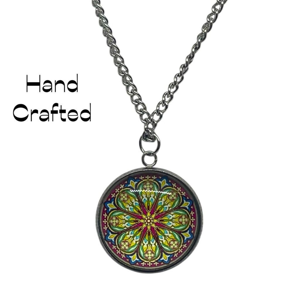 Handmade Green Yellow Orange Mandala Pendant Necklace & Earrings Set NWT OS